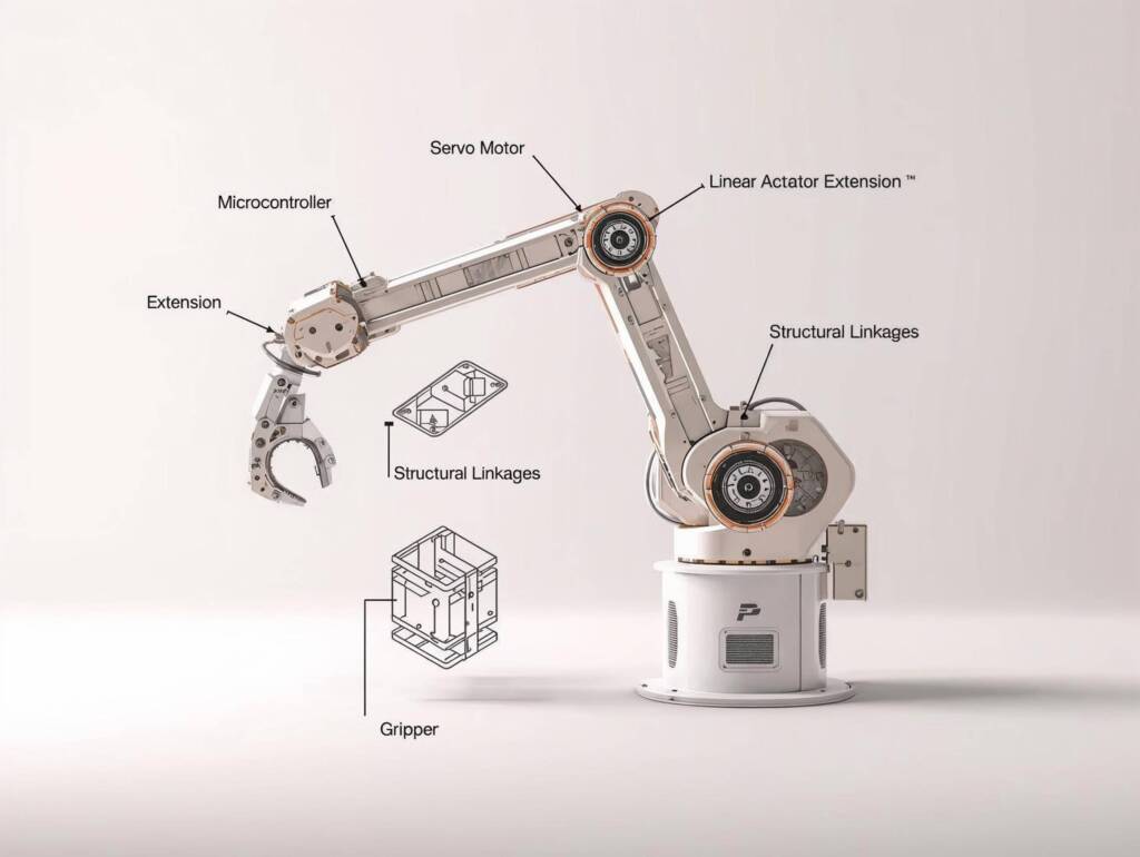 exploded view of a DIY extendable robotic arm kit
