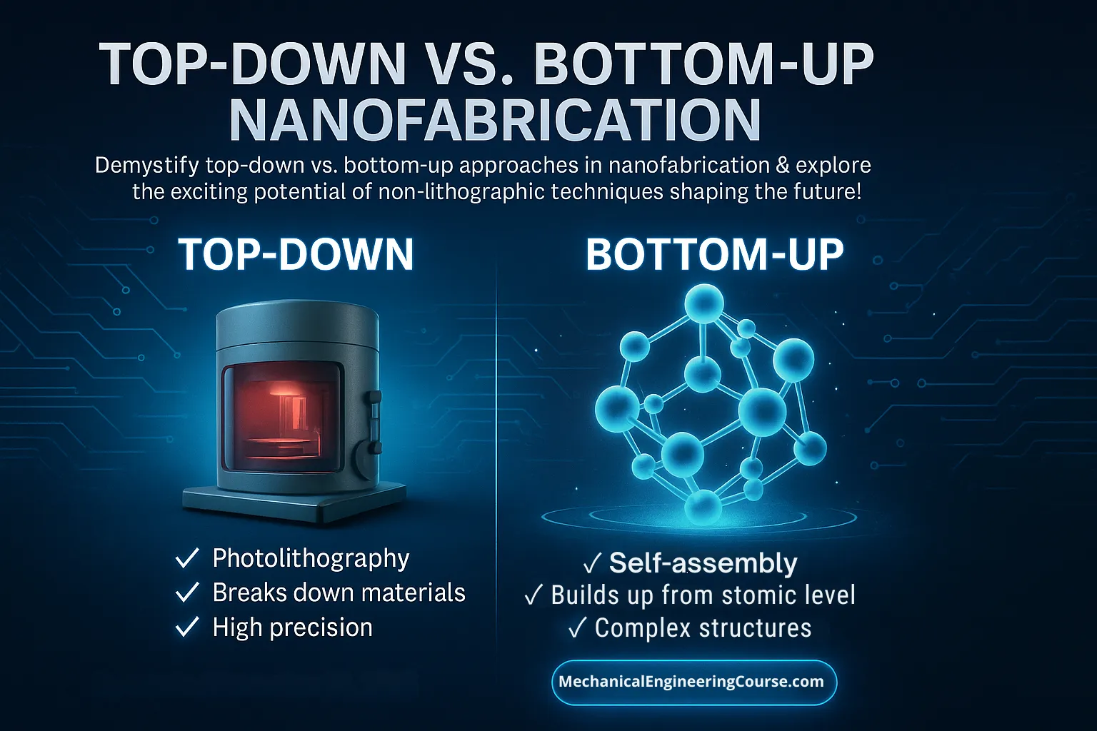 Demystify top-down vs. bottom-up approaches in nanofabrication & explore the exciting potential of non-lithographic techniques shaping the future!