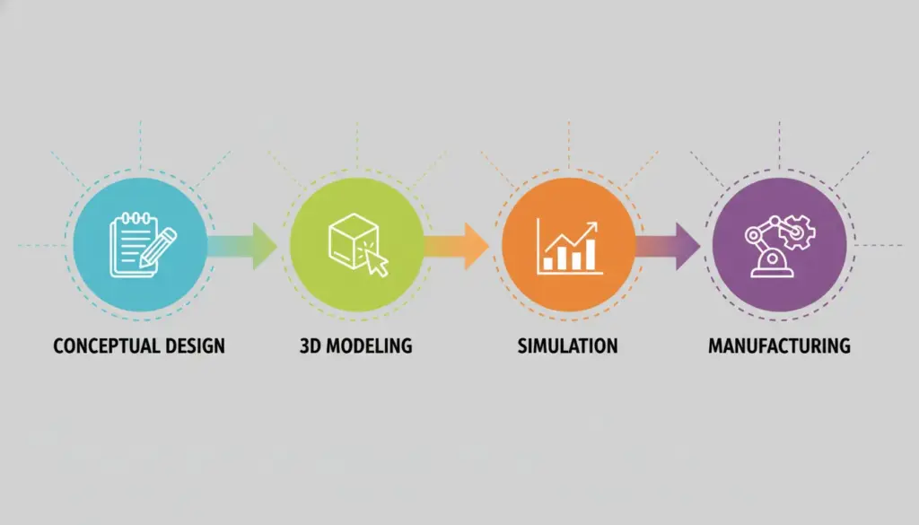 The Ultimate Guide to CAD in Mechanical Engineering: Traditional vs. Cloud Solutions conceptual design to real manufacturing flow chart - cad