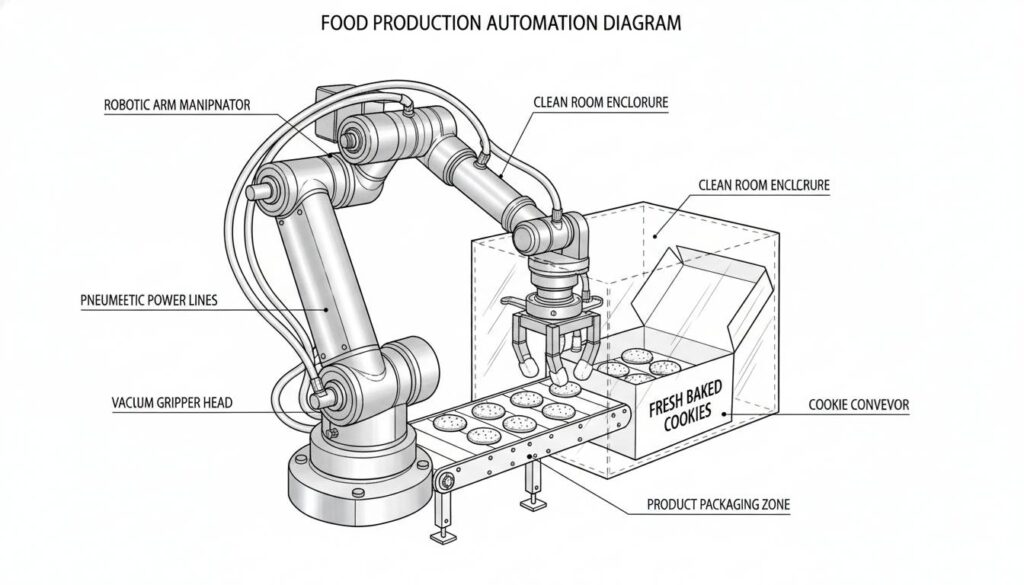 robotic arm in a food factory placing cookies into a box