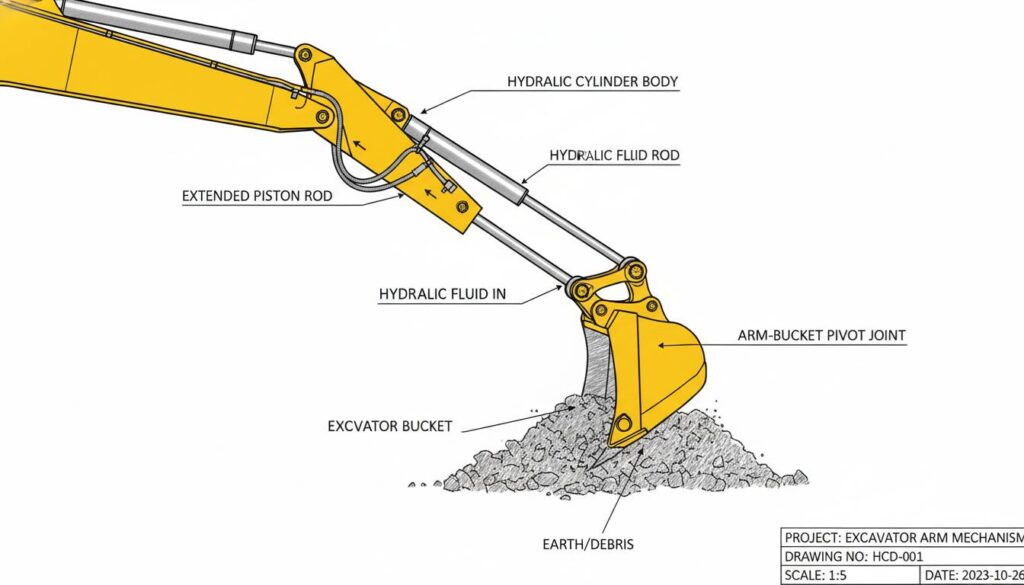 A bright yellow excavator digging up dirt. Zoom in on the shiny silver hydraulic cylinders on the arm. The cylinders are extended, showing the metal rod pushing the bucket.