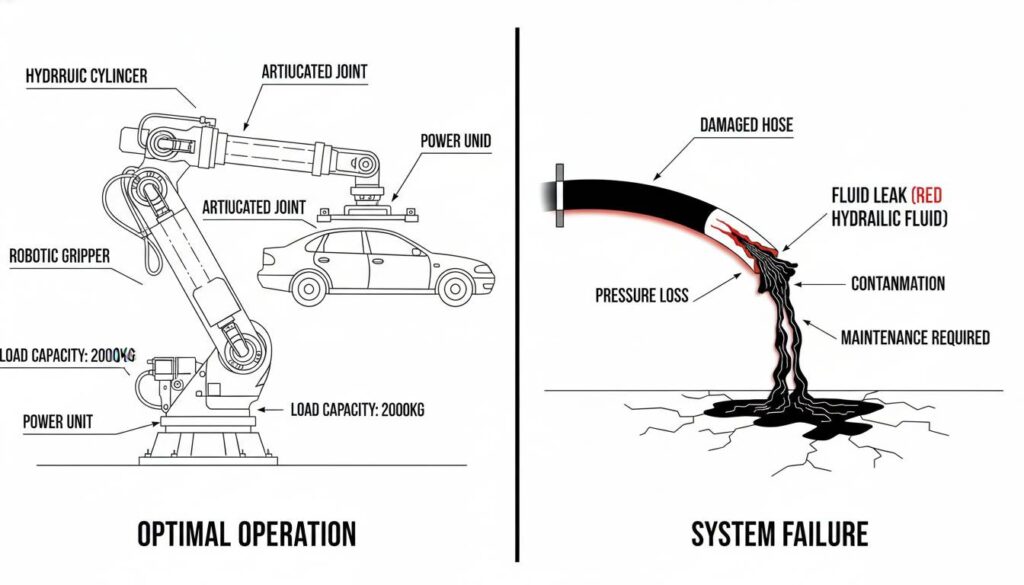 A split image. On the left, a clean, strong hydraulic robot arm lifting a car. On the right, a hydraulic hose leaking red fluid onto a concrete floor, representing a maintenance issue.