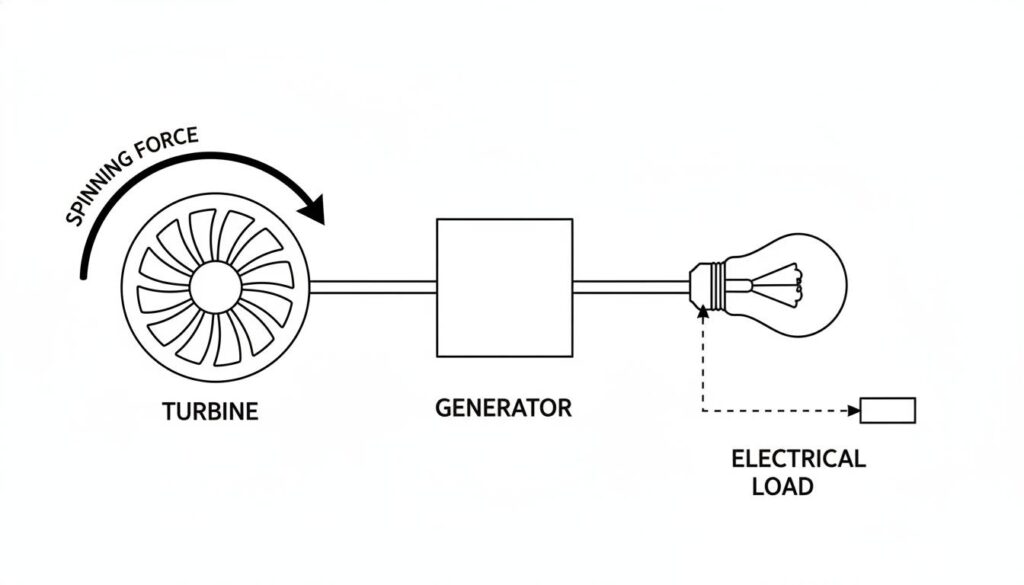 How Power Systems Work: Generating Energy A simple 2D diagram showing a generic 'Turbine' connected to a 'Generator' connected to a 'Lightbulb'. An arrow labeled 'Spinning Force' points to the turbine blades.