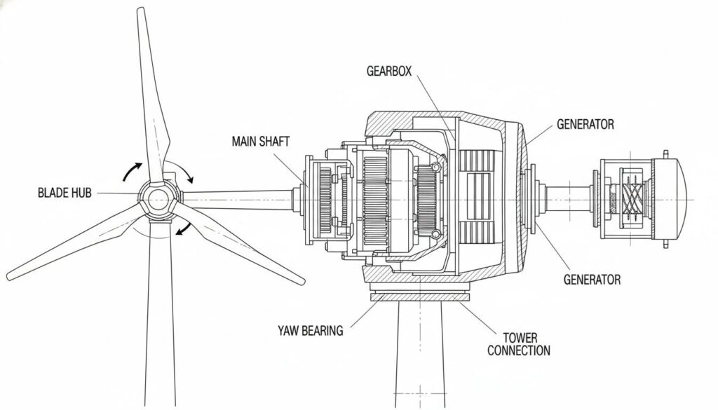 How Power Systems Work: Generating Energy Diagram of the inside of a Wind Turbine head (nacelle). Shows the large blades on the left, a gearbox in the middle, and a generator on the right.