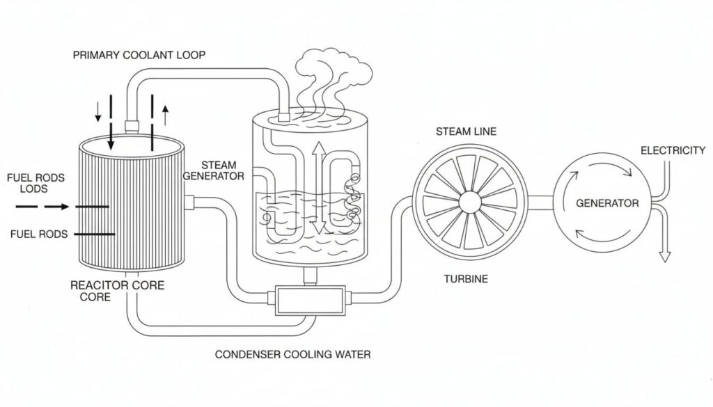 How Power Systems Work: Generating Energy Diagram of a Nuclear Reactor. Shows the Reactor Core with fuel rods and control rods. A pipe loop carries heat to a separate water tank (Steam Generator). Steam goes to a turbine and generator.