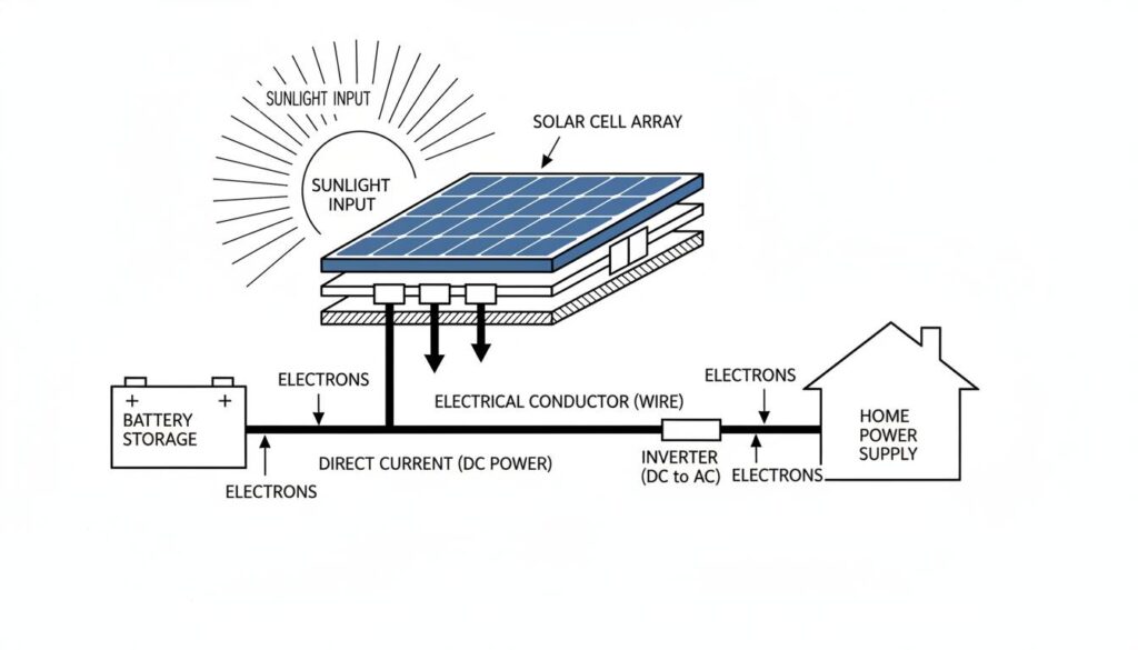 How Power Systems Work: Generating Energy Diagram of a Solar Panel. Sunlight rays hit the blue panel surface. Arrows show electrons moving from the panel into a wire, leading to a battery or house.