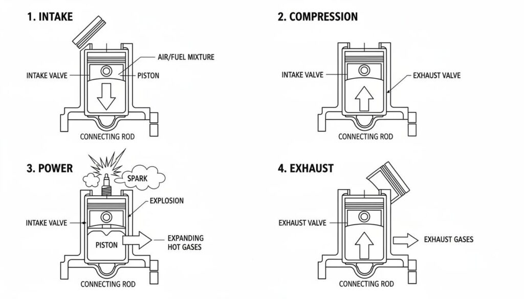 How Power Systems Work: Generating Energy A sequence of 4 diagrams showing a piston in a cylinder. 1. Valve open, piston goes down (Intake). 2. Valves closed, piston goes up (Compression). 3. Spark happens, explosion pushes piston down (Power). 4. Exhaust valve open, piston goes up (Exhaust).