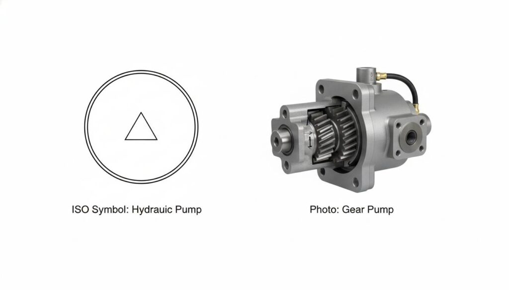 Draw the circuit of a simple hydraulic system, in standard symbols and explain briefly the functions of its basic elements. A close-up diagram of the ISO symbol for a Hydraulic Pump. It is a circle with a small solid black triangle pointing upwards towards the top of the page. Next to it, a photo of a gear pump.