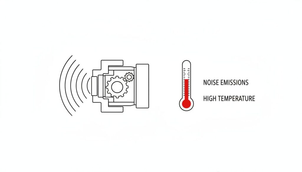 Advantages and Disadvantages of Hydraulic Systems An icon-style illustration showing a hydraulic pump with 'sound wave' lines radiating from it to indicate noise, and a thermometer icon next to it showing a high temperature (red level).