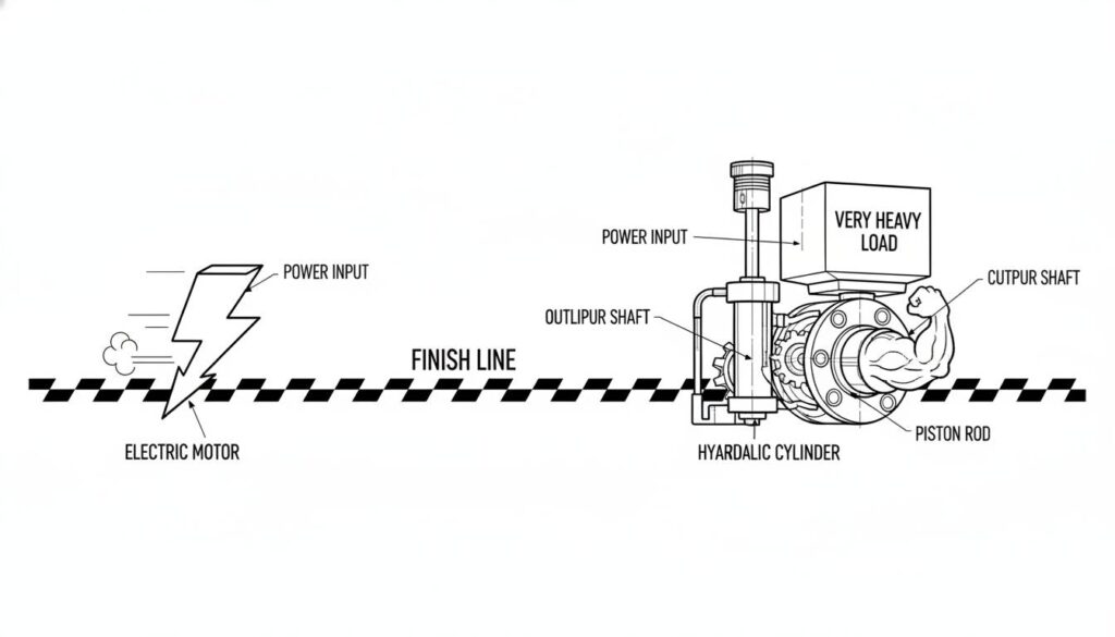 Advantages and Disadvantages of Hydraulic Systems A race comparison illustration. An electric motor (represented by a lightning bolt symbol) crossing a finish line first. A hydraulic cylinder (represented by a piston) carrying a very heavy weight, crossing the line second but looking strong.