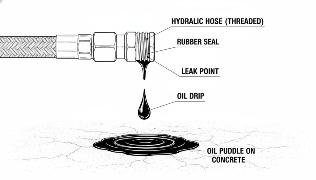 Advantages and Disadvantages of Hydraulic Systems A close-up illustration of a hydraulic hose fitting with a drip of oil coming out. A small puddle of dark oil is forming on the concrete floor below.