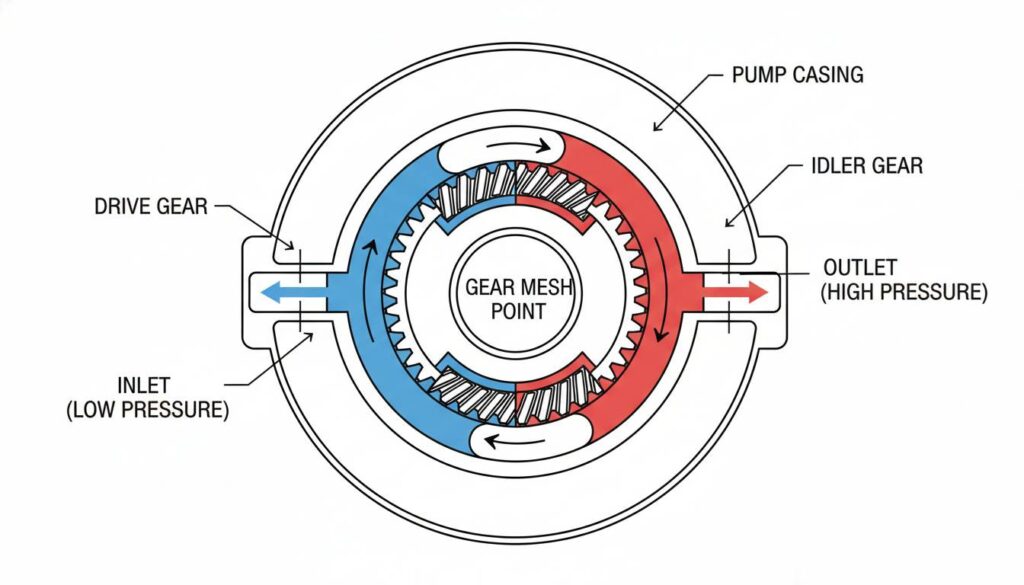 Draw the circuit of a simple hydraulic system, including a pump, directional control valve, hydraulic cylinder, relief valve, and pressure gauge. State the function of the individual elements and discuss in detail the power transmission and transformation in the hydraulic power systems. hydraulic gear pump