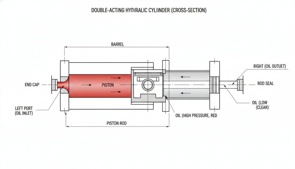 Draw the circuit of a simple hydraulic system, including a pump, directional control valve, hydraulic cylinder, relief valve, and pressure gauge. State the function of the individual elements and discuss in detail the power transmission and transformation in the hydraulic power systems. double-acting hydraulic cylinder
