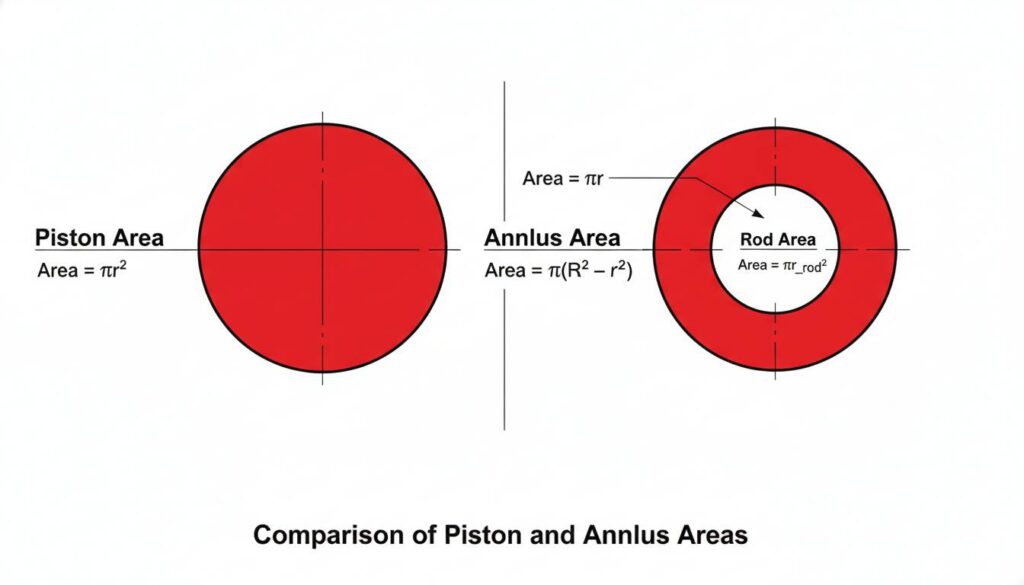 A visual comparison of two shapes. On the left, a solid red circle representing the Piston Area. On the right, a red ring (donut shape) representing the Annulus Area. Label the center hole of the donut as 'Rod Area'.