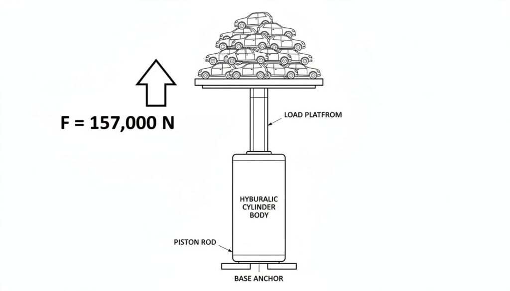 An illustration showing a heavy weight being lifted by the cylinder rod. An arrow labeled 'F = 157,000 N' points upward. Next to it, a pile of 16 small cars to visualize the weight.