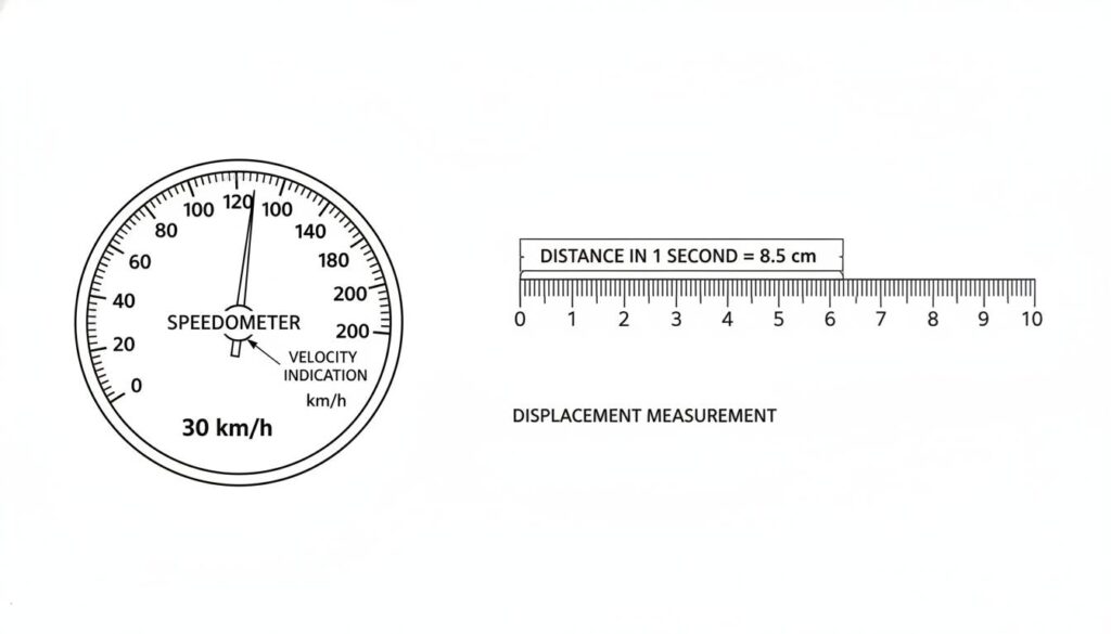 A speedometer graphic showing the needle pointing to a low speed. Next to it, a ruler showing 8.5cm to represent the distance moved in one second.