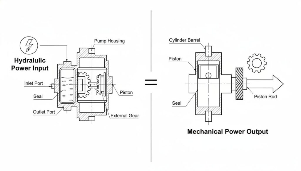 A split diagram. Left side shows a hydraulic pump with a lightning bolt symbol labeled 'Hydraulic Power Input'. Right side shows the moving cylinder rod with a gear symbol labeled 'Mechanical Power Output'. An equals sign (=) is between them.