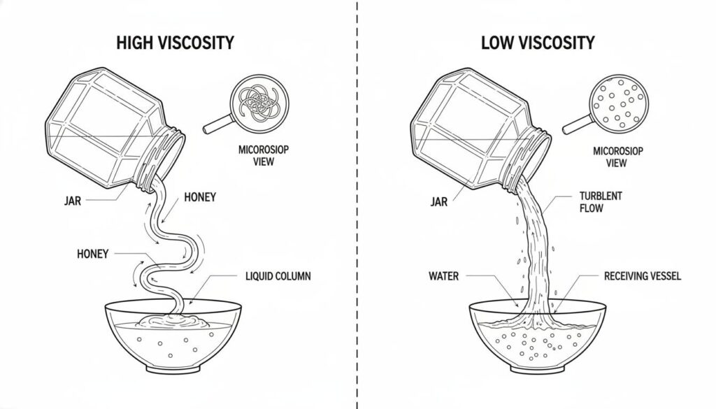 A split comparison diagram. Left side: A jar of honey being poured, labeled 'High Viscosity'. Right side: A jar of water being poured, labeled 'Low Viscosity'. Show the honey moving slowly and water moving fast.