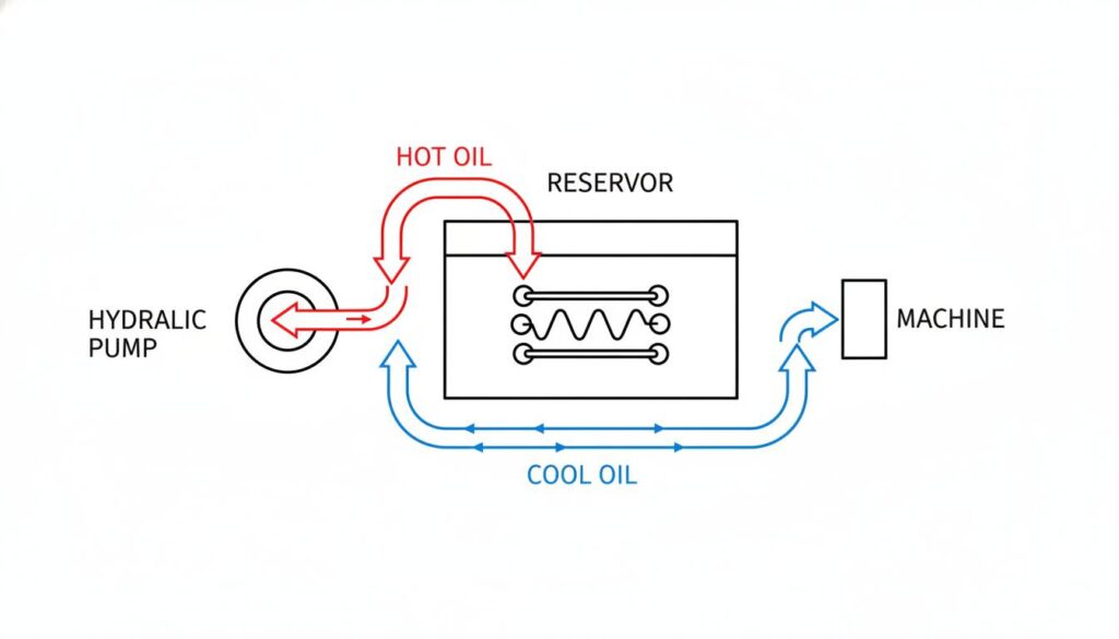 A flow diagram showing a hydraulic circuit. Red arrows show hot oil leaving a pump. The oil enters a tank (reservoir). Blue arrows show cool oil leaving the tank to go back to the machine.