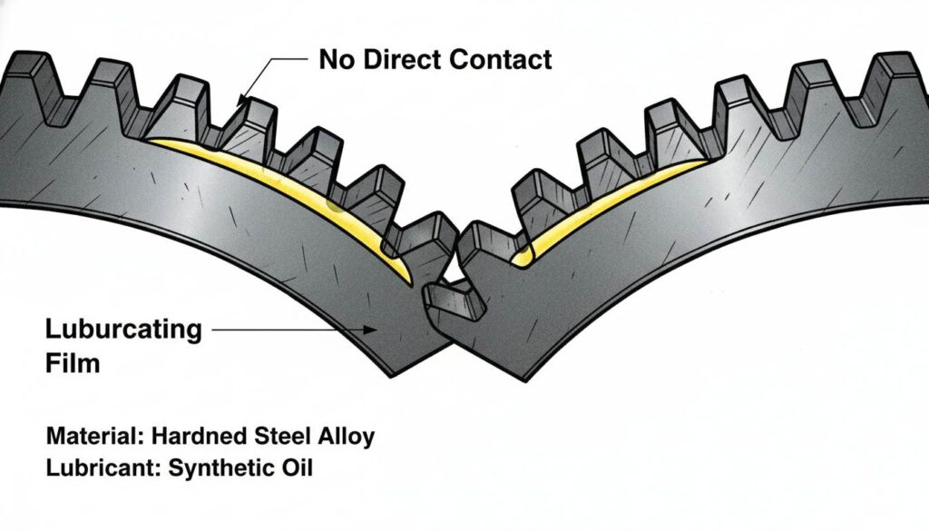 A close-up cross-section of two metal gears teeth meshing together. Show a thin, glowing yellow layer between the teeth labeled 'Lubricating Film'. Show that the metals do not touch directly.
