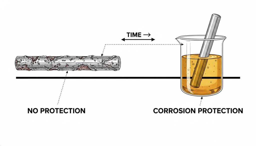 Side-by-side comparison of a metal rod. Left side: Rusty and pitted, labeled 'No Protection'. Right side: Shiny and clean, submerged in oil, labeled 'Corrosion Protection'.