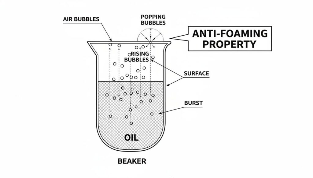 A beaker of oil. Show air bubbles rising rapidly to the surface and popping. Label this action 'Anti-Foaming Property'.