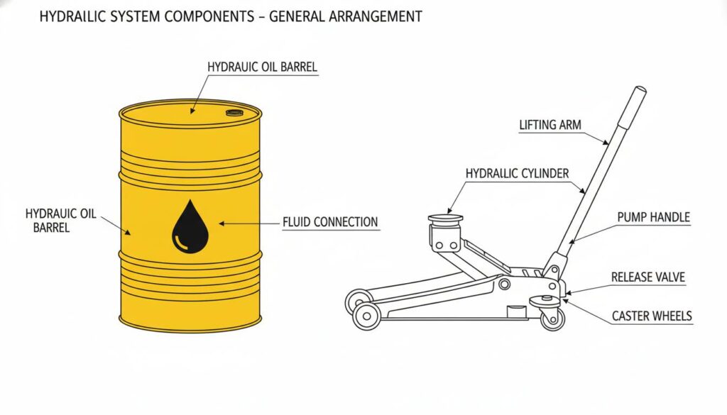 A standard yellow barrel of hydraulic oil sitting next to a car jack. The barrel has a black oil drop symbol on it.