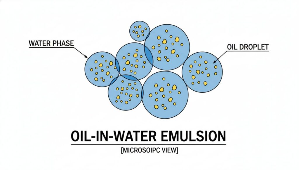 A close-up diagram showing an emulsion. Show large blue water circles with tiny yellow oil droplets suspended inside them, labeled 'Oil-in-Water Emulsion'.