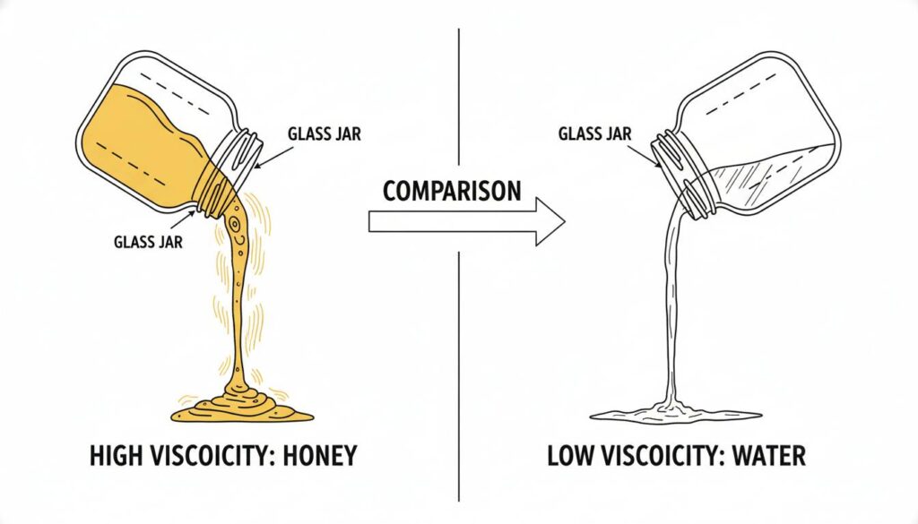 A comparison illustration. On the left, a jar pouring thick golden honey (High Viscosity). On the right, a jar pouring clear water (Low Viscosity). Label them clearly.