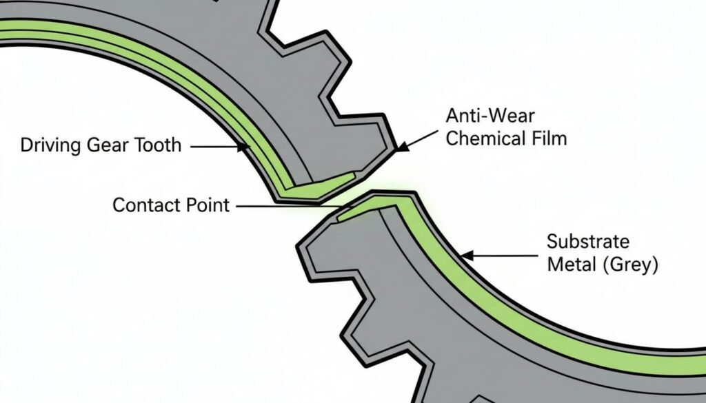 A close-up cross-section diagram of two metal gears teeth touching. A bright green layer highlights the surface of the teeth, labeled 'Anti-Wear Chemical Film', preventing the grey metal from touching directly.