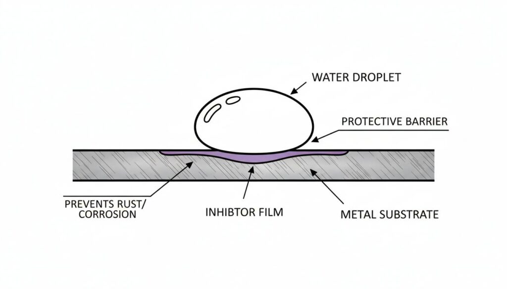 A diagram showing a water droplet sitting on a metal surface. Under the droplet, a thin purple layer labeled 'Inhibitor Film' separates the water from the grey metal surface, preventing rust.