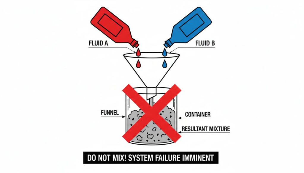 A warning graphic showing two oil bottles, one red and one blue, being poured into a funnel. The resulting mixture in the container below is a grey, clumpy solid, with a large red 'X' over it.