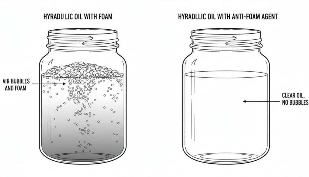 A comparison illustration. The left jar shows hydraulic oil full of bubbles and foam at the top. The right jar shows clear oil with no bubbles, labeled 'With Anti-Foam Agent'.