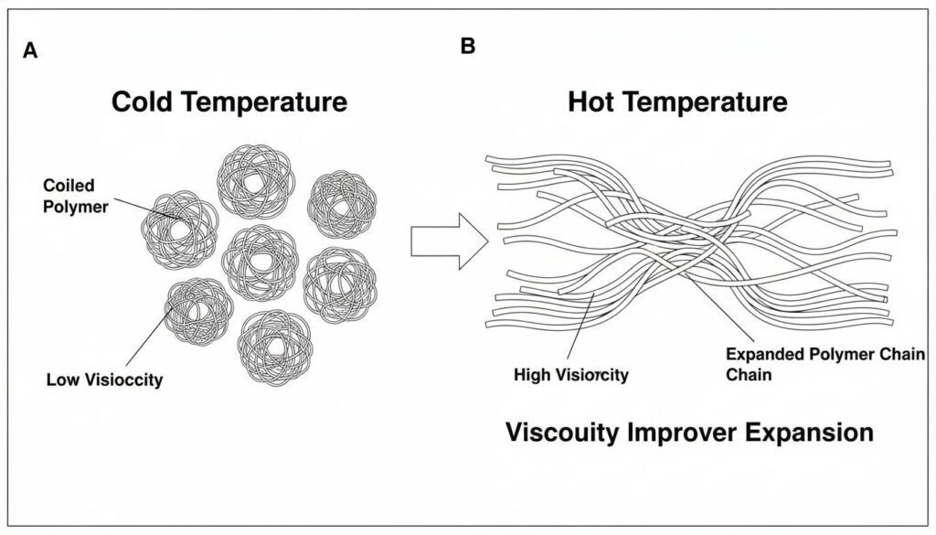 A scientific illustration of polymer molecules. Panel A shows 'Cold Temperature' with molecules curled into tight balls. Panel B shows 'Hot Temperature' with the same molecules stretched out like long spaghetti strands, labeled 'Viscosity Improver Expansion'.