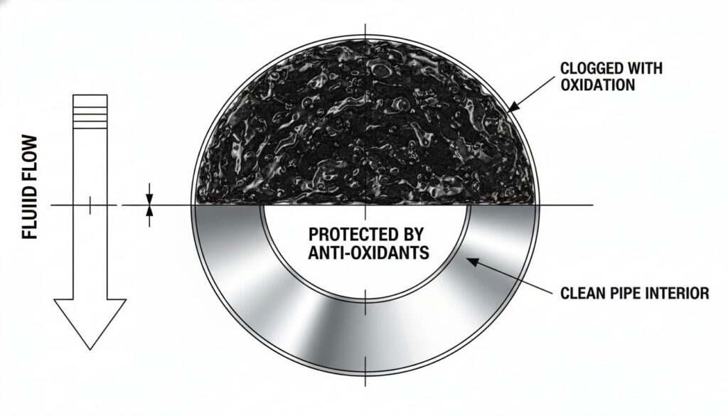 A photo-realistic drawing of a hydraulic pipe cut open. The top half shows a pipe clogged with black, sticky sludge. The bottom half shows a clean, shiny pipe interior, labeled 'Protected by Anti-Oxidants'.