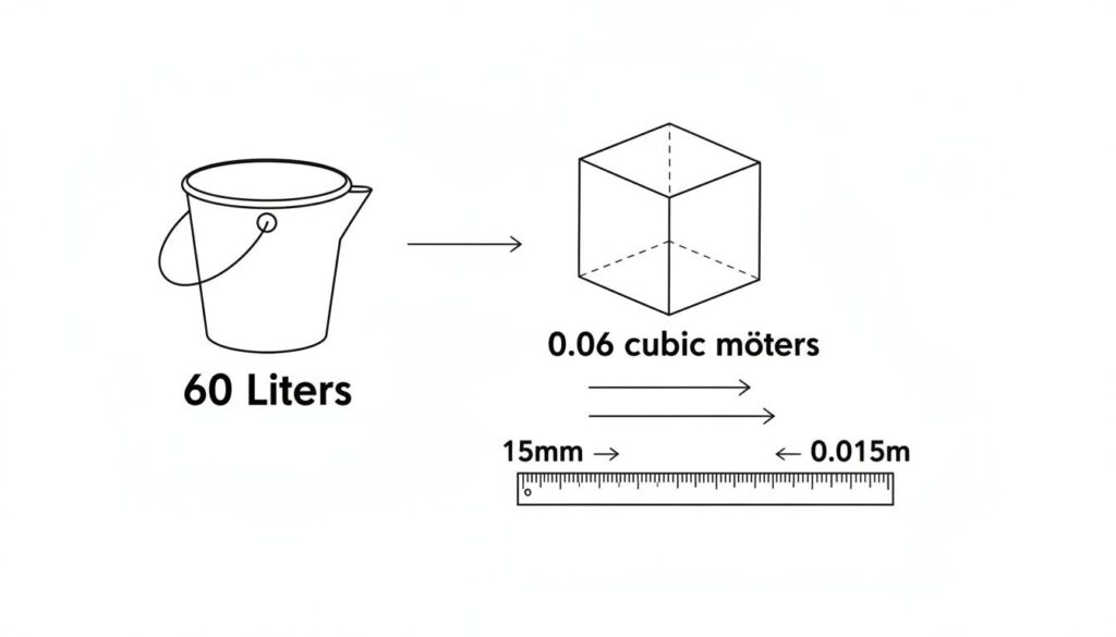 Calculating Pump Inlet Pressure A visual conversion chart. On the left, a bucket labeled '60 Liters'. An arrow points to a smaller cube labeled '0.001 cubic meters'. Another arrow shows a ruler changing '15mm' to '0.015m'