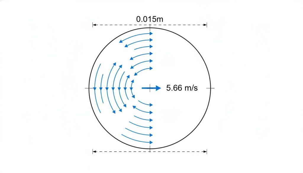 Calculating Pump Inlet Pressure A cross-section of a pipe. Inside the circle, show blue arrows representing speed. Label the diameter '0.015m' and the speed arrow '5.66 m/s'.