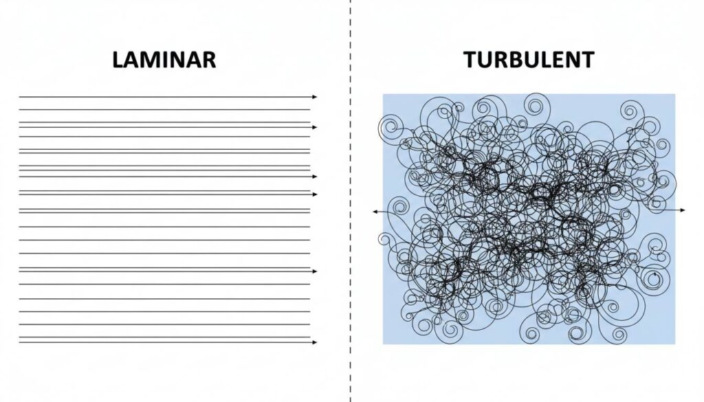 Calculating Pump Inlet Pressure Split screen illustration. Left side labeled 'Laminar' shows straight, parallel lines of fluid. Right side labeled 'Turbulent' shows swirling, chaotic lines of fluid. Highlight the Turbulent side.