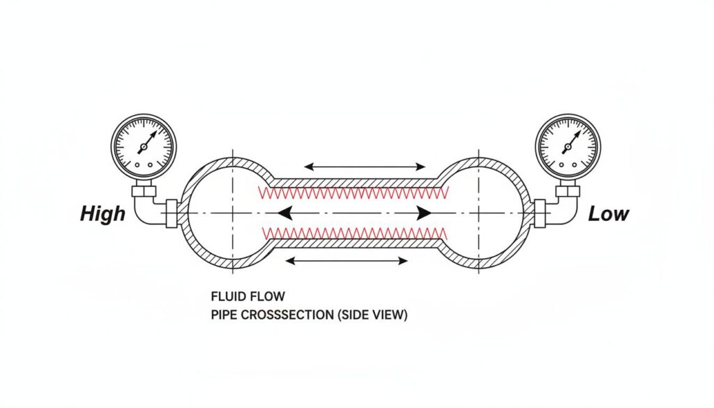 Calculating Pump Inlet Pressure A side view of the pipe. Show red jagged lines along the inner walls representing friction. Show a pressure gauge at the start reading 'High' and a gauge at the end reading 'Low'.