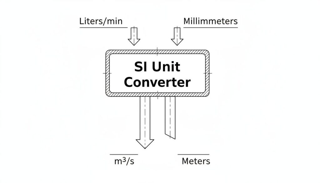 An infographic showing a conversion funnel. Top shows 'Liters/min' and 'Millimeters'. They pass through a filter labeled 'SI Unit Converter'. The bottom shows 'm³/s' and 'Meters' coming out cleanly.