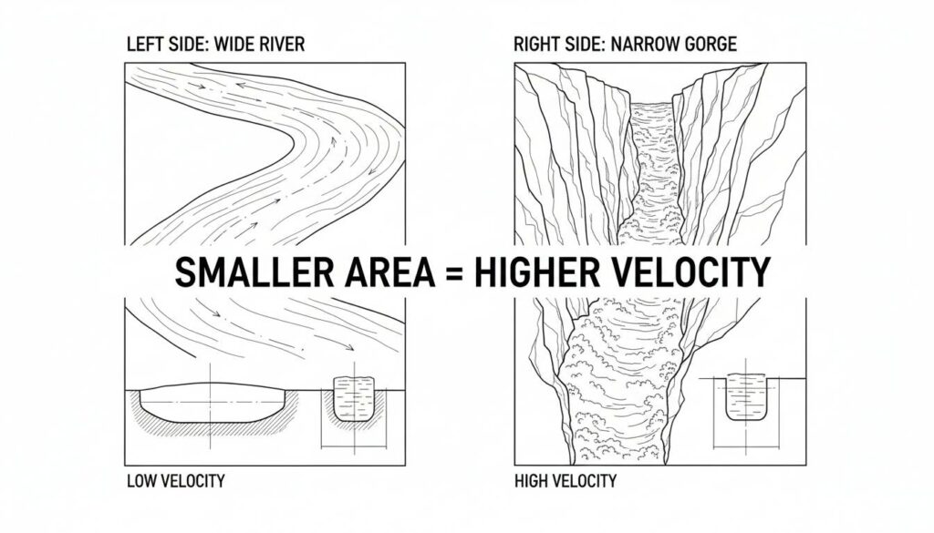 A split screen comparison. Left side: A wide river moving slowly. Right side: The same river squeezed into a narrow gorge, moving very fast with white water. Text overlay: "Smaller Area = Higher Velocity".
