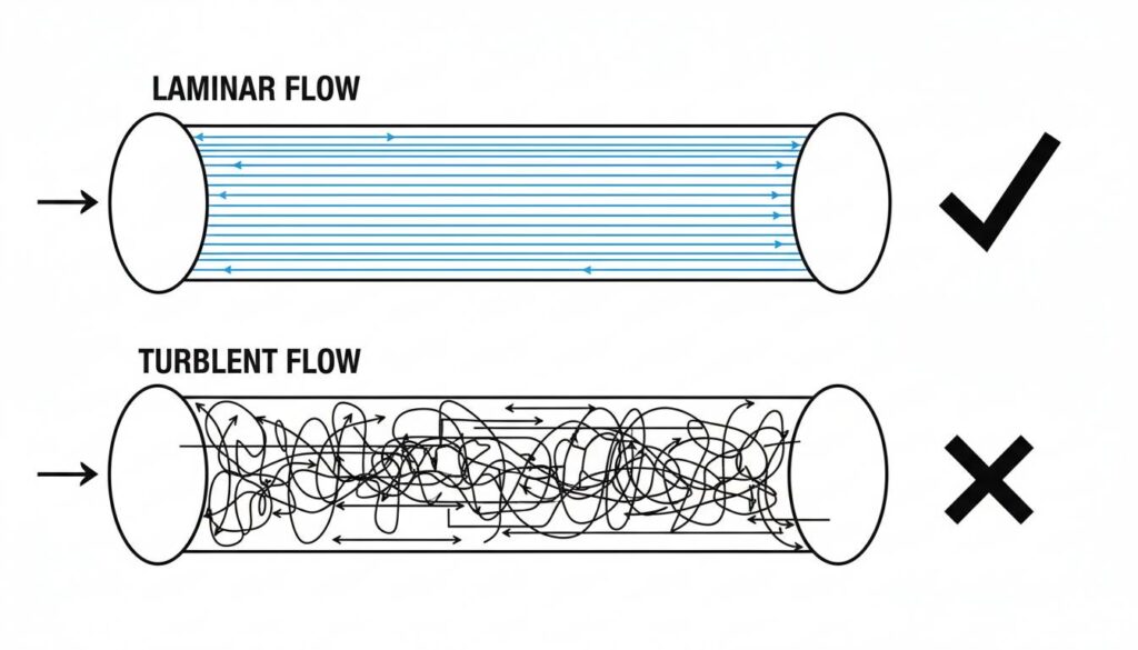 Illustration of Laminar vs Turbulent flow inside a pipe. Top pipe shows blue streamlines moving perfectly straight and parallel (Laminar). Bottom pipe shows chaotic, swirling lines (Turbulent). A checkmark is placed next to the Laminar pipe.
