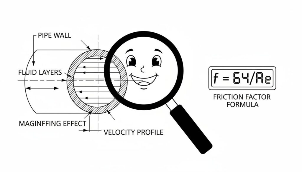 A cartoon magnifying glass looking at the inside wall of a pipe. It shows the fluid layers sliding over each other. A number counter next to it displays "f = 64/Re".