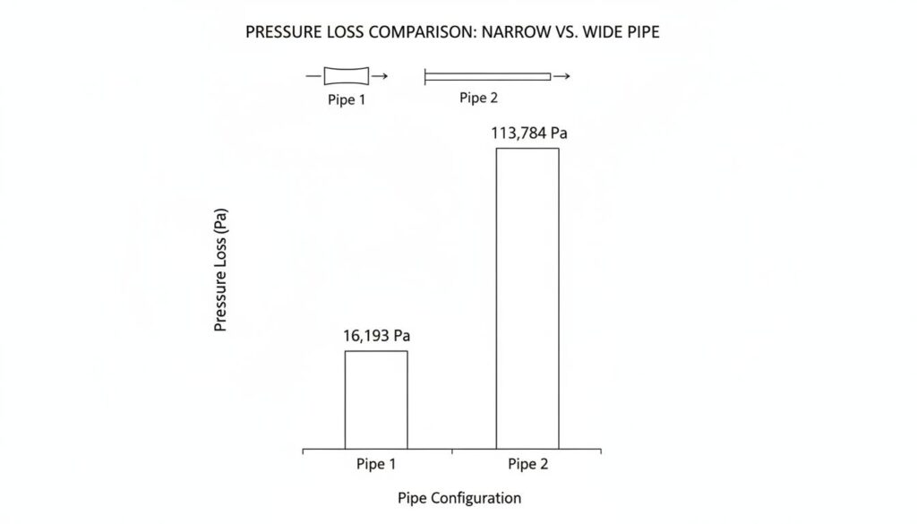 A bar chart comparing pressure loss. The first bar (Pipe 1) is short and labeled "16,193 Pa". The second bar (Pipe 2) is very tall, labeled "113,784 Pa". This visually demonstrates how much more pressure is lost in the narrow pipe.