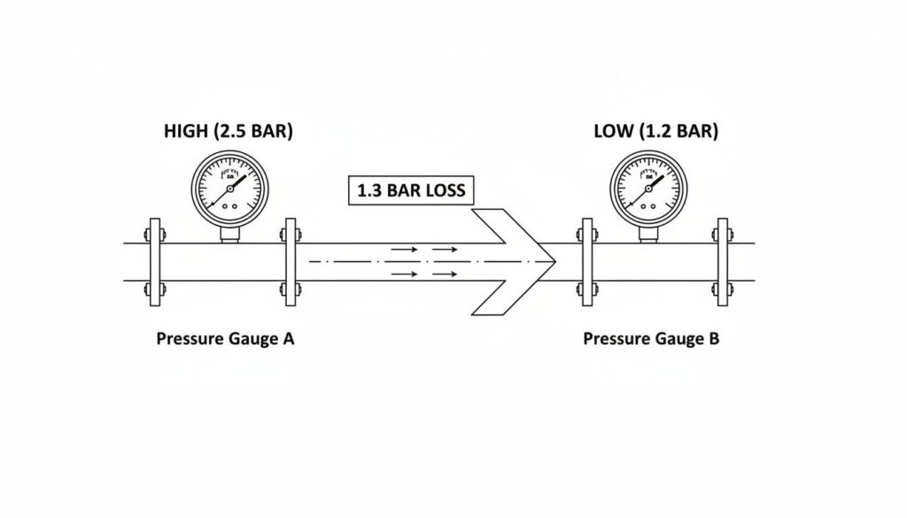 A final summary image showing a pressure gauge at the start of the pipe reading "High" and a pressure gauge at the end reading "Low". The difference between them is highlighted as "1.3 Bar Loss".
