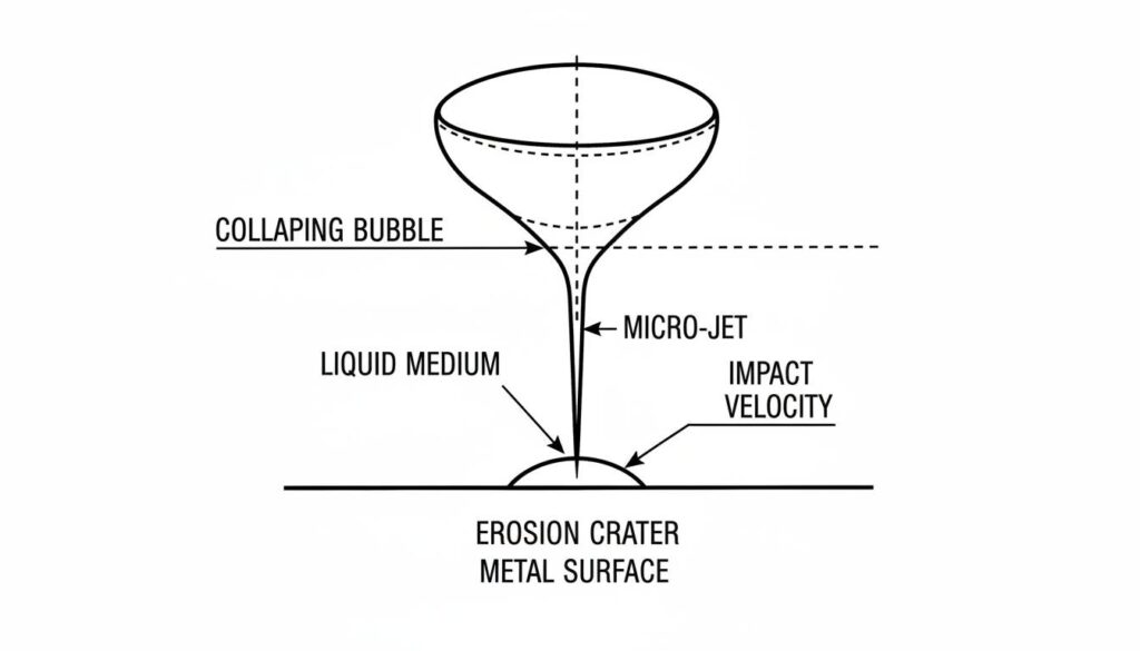 A close-up technical illustration of a bubble collapsing against a metal surface. Show a 'micro-jet' of water piercing through the center of the bubble and hitting the metal wall, creating a small crater or pit.