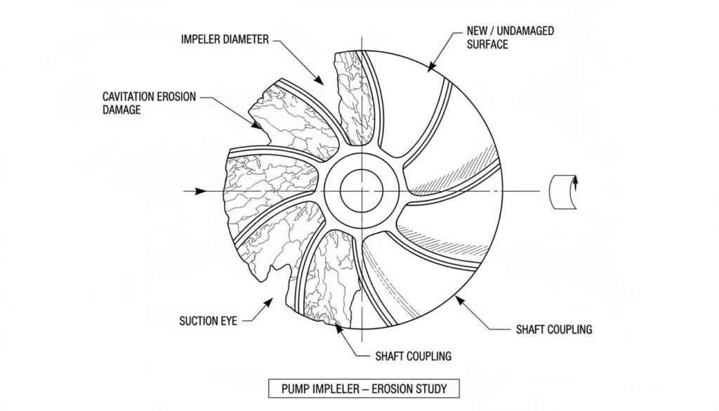 A photo-realistic rendering of a damaged metal pump impeller. The surface should look rough, pitted, and eaten away, contrasting with a smooth, new metal surface.