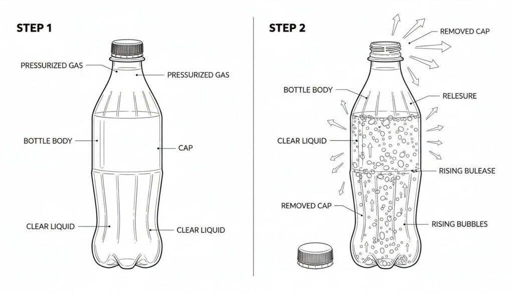 A close-up diagram of a soda bottle. Step 1: Cap closed, liquid is clear. Step 2: Cap removed, pressure arrows pointing out, and many bubbles rising rapidly in the liquid.