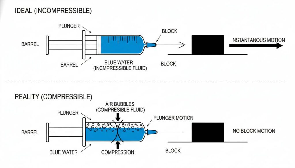 A comparison diagram. Top: A syringe filled with blue water pushing a block; the block moves instantly. Bottom: A syringe filled with half water and half air bubbles; the plunger moves in, compressing the bubbles, but the block does not move.