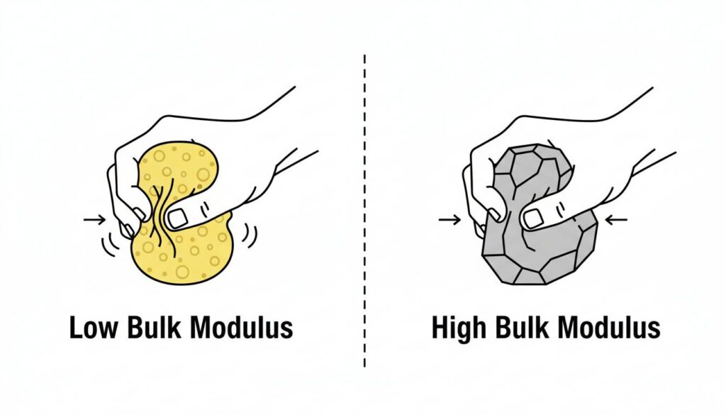 A split-screen illustration. On the left, a hand squeezing a soft yellow sponge that compresses significantly. On the right, a hand squeezing a grey rock that does not change shape. Labels 'Low Bulk Modulus' under the sponge and 'High Bulk Modulus' under the rock.